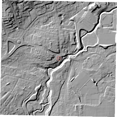 Shaded relief map of the ground around GU220AL, computed from Environment Agency LiDAR. The ground here sits at about 25 m above sea level and falls 20 m across the surrounding 800 m. Surface water reaching this point runs off ground lying to the west-north-west, 4.0 m higher.