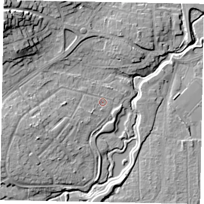 Shaded relief map of the ground around GU220BQ, computed from Environment Agency LiDAR. The ground here sits at about 25 m above sea level and falls 22 m across the surrounding 800 m. Surface water reaching this point runs off ground lying to the west-south-west, 7.4 m higher.