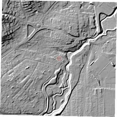 Shaded relief map of the ground around GU220BT, computed from Environment Agency LiDAR. The ground here sits at about 25 m above sea level and falls 18 m across the surrounding 800 m. Surface water reaching this point runs off ground lying to the south-west, 0.8 m higher.