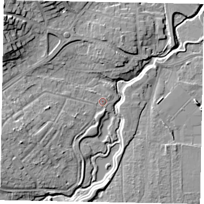 Shaded relief map of the ground around GU220BZ, computed from Environment Agency LiDAR. The ground here sits at about 25 m above sea level and falls 18 m across the surrounding 800 m. Surface water reaching this point runs off ground lying to the west-south-west, 8.1 m higher.