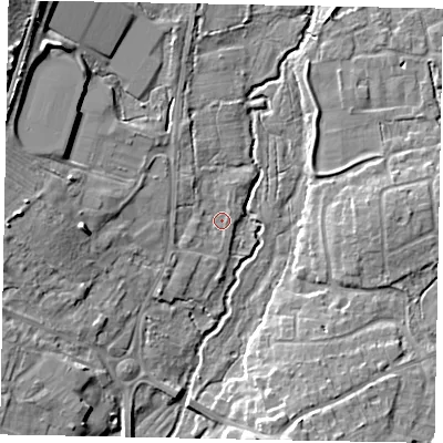 Shaded relief map of the ground around GU220NX, computed from Environment Agency LiDAR. The ground here sits at about 26 m above sea level and falls 14 m across the surrounding 800 m. Surface water reaching this point runs off ground lying to the west-south-west, 1.1 m higher.