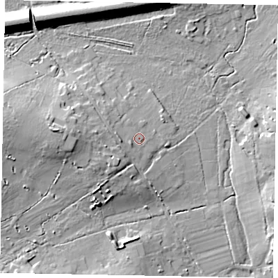 Shaded relief map of the ground around GU220QT, computed from Environment Agency LiDAR. The ground here sits at about 38 m above sea level and falls 18 m across the surrounding 800 m. Surface water reaching this point runs off ground lying to the west, 9.2 m higher.