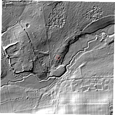 Shaded relief map of the ground around GU220RL, computed from Environment Agency LiDAR. The ground here sits at about 29 m above sea level and falls 16 m across the surrounding 800 m. Surface water reaching this point runs off ground lying to the north, 0.9 m higher.