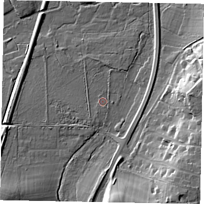 Shaded relief map of the ground around GU220SN, computed from Environment Agency LiDAR. The ground here sits at about 27 m above sea level and falls 19 m across the surrounding 800 m. Surface water reaching this point runs off ground lying to the south-west, 1.4 m higher.