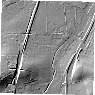 Shaded relief map of the ground around GU220SP, computed from Environment Agency LiDAR. The ground here sits at about 28 m above sea level and falls 19 m across the surrounding 800 m. Surface water reaching this point runs off ground lying to the south-west, 14.0 m higher.