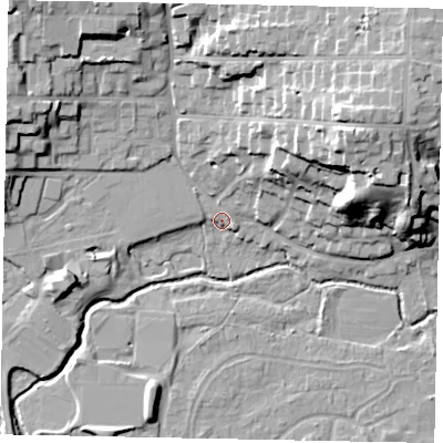 Shaded relief map of the ground around GU227JX, computed from Environment Agency LiDAR. The ground here sits at about 25 m above sea level and falls 25 m across the surrounding 800 m. Surface water reaching this point runs off ground lying to the east-north-east, 22.9 m higher.