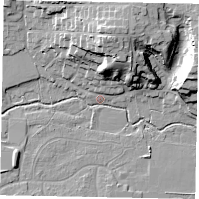 Shaded relief map of the ground around GU227JY, computed from Environment Agency LiDAR. The ground here sits at about 24 m above sea level and falls 25 m across the surrounding 800 m. Surface water reaching this point runs off ground lying to the north, 24.4 m higher.