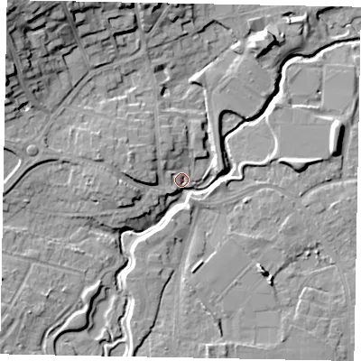 Shaded relief map of the ground around GU227QB, computed from Environment Agency LiDAR. The ground here sits at about 25 m above sea level and falls 20 m across the surrounding 800 m. Surface water reaching this point runs off ground lying to the west-north-west, 7.4 m higher.