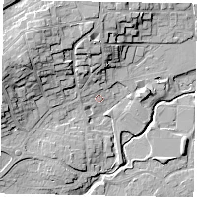 Shaded relief map of the ground around GU227SD, computed from Environment Agency LiDAR. The ground here sits at about 25 m above sea level and falls 21 m across the surrounding 800 m. Surface water reaching this point runs off ground lying to the north-west, 17.1 m higher.