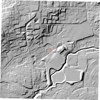 Shaded relief map of the ground around GU227SE, computed from Environment Agency LiDAR. The ground here sits at about 24 m above sea level and falls 21 m across the surrounding 800 m. Surface water reaching this point runs off ground lying to the north-north-west, 8.8 m higher.