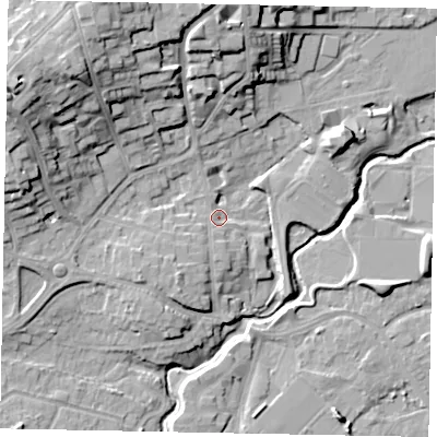 Shaded relief map of the ground around GU227SG, computed from Environment Agency LiDAR. The ground here sits at about 26 m above sea level and falls 22 m across the surrounding 800 m. Surface water reaching this point runs off ground lying to the south-west, 2.2 m higher.