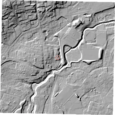 Shaded relief map of the ground around GU227SL, computed from Environment Agency LiDAR. The ground here sits at about 25 m above sea level and falls 21 m across the surrounding 800 m. Surface water reaching this point runs off ground lying to the north-west, 19.9 m higher.