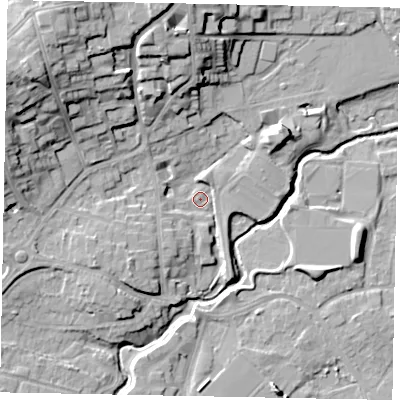 Shaded relief map of the ground around GU227SQ, computed from Environment Agency LiDAR. The ground here sits at about 24 m above sea level and falls 21 m across the surrounding 800 m. Surface water reaching this point runs off ground lying to the north-west, 19.3 m higher.