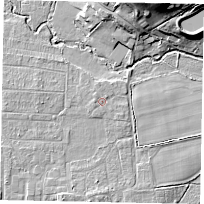 Shaded relief map of the ground around GU228JA, computed from Environment Agency LiDAR. The ground here sits at about 24 m above sea level and falls 24 m across the surrounding 800 m. Surface water reaching this point runs off ground lying to the north-west, 1.0 m higher.