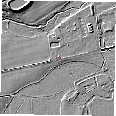 Shaded relief map of the ground around GU228JG, computed from Environment Agency LiDAR. The ground here sits at about 23 m above sea level and falls 13 m across the surrounding 800 m. Surface water reaching this point runs off ground lying to the east-south-east, 1.1 m higher.