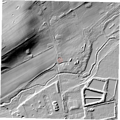 Shaded relief map of the ground around GU228JH, computed from Environment Agency LiDAR. The ground here sits at about 23 m above sea level and falls 27 m across the surrounding 800 m. Surface water reaching this point runs off ground lying to the west-north-west, 24.5 m higher.