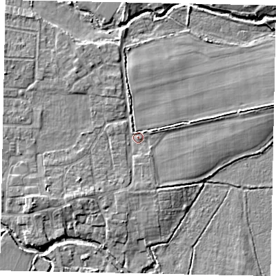 Shaded relief map of the ground around GU228JJ, computed from Environment Agency LiDAR. The ground here sits at about 23 m above sea level and falls 5 m across the surrounding 800 m. Surface water reaching this point runs off ground lying to the south-south-west, 1.4 m higher.