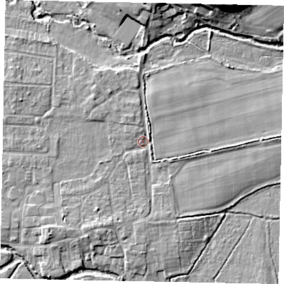 Shaded relief map of the ground around GU228JL, computed from Environment Agency LiDAR. The ground here sits at about 23 m above sea level and falls 13 m across the surrounding 800 m. Surface water reaching this point runs off ground lying to the south-west, 3.4 m higher.