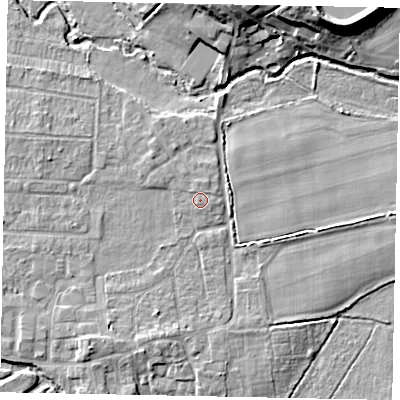 Shaded relief map of the ground around GU228JN, computed from Environment Agency LiDAR. The ground here sits at about 24 m above sea level and falls 13 m across the surrounding 800 m. The ground contributing surface water to this point lies to the north-north-west.