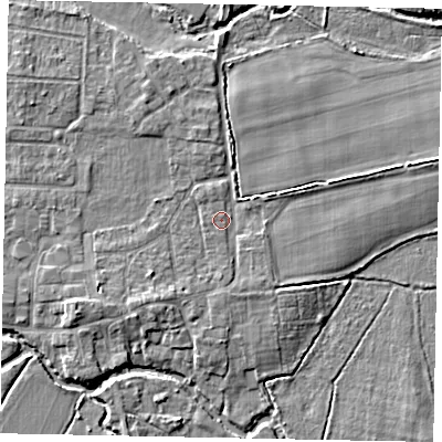 Shaded relief map of the ground around GU228JP, computed from Environment Agency LiDAR. The ground here sits at about 23 m above sea level and falls 5 m across the surrounding 800 m. Surface water reaching this point runs off ground lying to the south, 1.4 m higher.