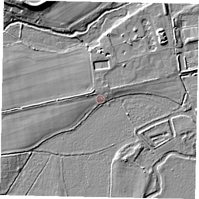 Shaded relief map of the ground around GU228JQ, computed from Environment Agency LiDAR. The ground here sits at about 22 m above sea level and falls 13 m across the surrounding 800 m. Surface water reaching this point runs off ground lying to the west, 2.0 m higher.