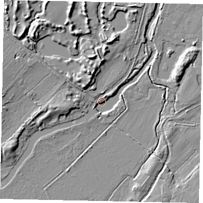 Shaded relief map of the ground around GU228XE, computed from Environment Agency LiDAR. The ground here sits at about 19 m above sea level and falls 9 m across the surrounding 800 m. Surface water reaching this point runs off ground lying to the north-west, 7.6 m higher.