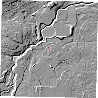Shaded relief map of the ground around GU229AA, computed from Environment Agency LiDAR. The ground here sits at about 25 m above sea level and falls 10 m across the surrounding 800 m. Surface water reaching this point runs off ground lying to the south-west, 2.1 m higher.