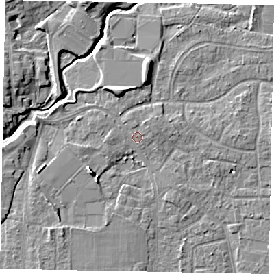 Shaded relief map of the ground around GU229AB, computed from Environment Agency LiDAR. The ground here sits at about 25 m above sea level and falls 8 m across the surrounding 800 m. Surface water reaching this point runs off ground lying to the west, 1.0 m higher.