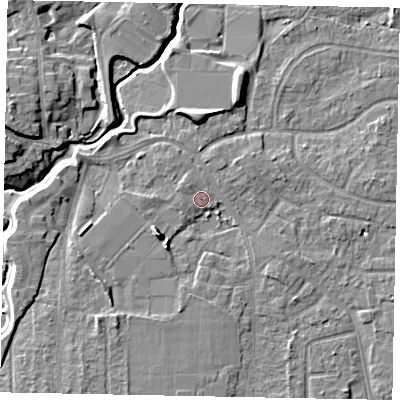 Shaded relief map of the ground around GU229AD, computed from Environment Agency LiDAR. The ground here sits at about 25 m above sea level and falls 8 m across the surrounding 800 m. Surface water reaching this point runs off ground lying to the south-west, 5.5 m higher.