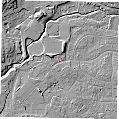Shaded relief map of the ground around GU229AE, computed from Environment Agency LiDAR. The ground here sits at about 25 m above sea level and falls 11 m across the surrounding 800 m. Surface water reaching this point runs off ground lying to the west-north-west, 4.1 m higher.