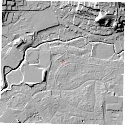 Shaded relief map of the ground around GU229AG, computed from Environment Agency LiDAR. The ground here sits at about 24 m above sea level and falls 24 m across the surrounding 800 m. Surface water reaching this point runs off ground lying to the west-south-west, 1.5 m higher.