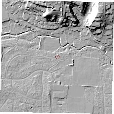 Shaded relief map of the ground around GU229AH, computed from Environment Agency LiDAR. The ground here sits at about 24 m above sea level and falls 23 m across the surrounding 800 m. Surface water reaching this point runs off ground lying to the south-south-west, 3.0 m higher.