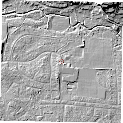 Shaded relief map of the ground around GU229AL, computed from Environment Agency LiDAR. The ground here sits at about 25 m above sea level and falls 17 m across the surrounding 800 m. Surface water reaching this point runs off ground lying to the south-east, 1.5 m higher.