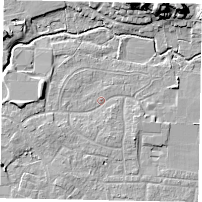 Shaded relief map of the ground around GU229AN, computed from Environment Agency LiDAR. The ground here sits at about 24 m above sea level and falls 17 m across the surrounding 800 m. Surface water reaching this point runs off ground lying to the west, 5.1 m higher.