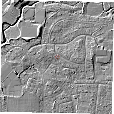 Shaded relief map of the ground around GU229AP, computed from Environment Agency LiDAR. The ground here sits at about 25 m above sea level and falls 8 m across the surrounding 800 m. Surface water reaching this point runs off ground lying to the west, 1.3 m higher.