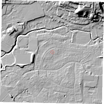 Shaded relief map of the ground around GU229AQ, computed from Environment Agency LiDAR. The ground here sits at about 24 m above sea level and falls 22 m across the surrounding 800 m. Surface water reaching this point runs off ground lying to the south-west, 0.5 m higher.