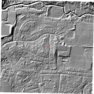 Shaded relief map of the ground around GU229AU, computed from Environment Agency LiDAR. The ground here sits at about 25 m above sea level and falls 10 m across the surrounding 800 m. Surface water reaching this point runs off ground lying to the south-east, 2.0 m higher.