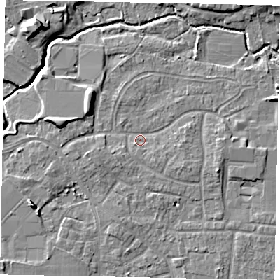 Shaded relief map of the ground around GU229AW, computed from Environment Agency LiDAR. The ground here sits at about 24 m above sea level and falls 9 m across the surrounding 800 m. Surface water reaching this point runs off ground lying to the west-north-west, 5.1 m higher.