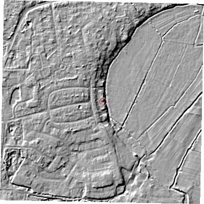 Shaded relief map of the ground around GU229AZ, computed from Environment Agency LiDAR. The ground here sits at about 24 m above sea level and falls 6 m across the surrounding 800 m. Surface water reaching this point runs off ground lying to the west, 4.9 m higher.