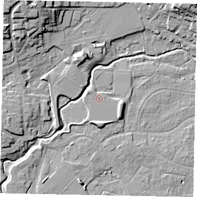 Shaded relief map of the ground around GU229BA, computed from Environment Agency LiDAR. The ground here sits at about 25 m above sea level and falls 17 m across the surrounding 800 m. Surface water reaching this point runs off ground lying to the south, 3.3 m higher.