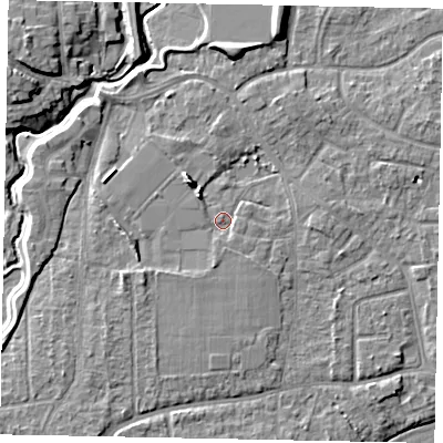 Shaded relief map of the ground around GU229BD, computed from Environment Agency LiDAR. The ground here sits at about 25 m above sea level and falls 8 m across the surrounding 800 m. Surface water reaching this point runs off ground lying to the north-west, 4.7 m higher.