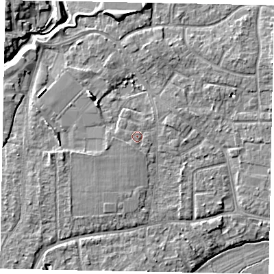 Shaded relief map of the ground around GU229BE, computed from Environment Agency LiDAR. The ground here sits at about 25 m above sea level and falls 8 m across the surrounding 800 m. Surface water reaching this point runs off ground lying to the south-west, 1.0 m higher.