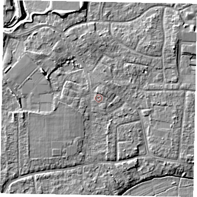 Shaded relief map of the ground around GU229BG, computed from Environment Agency LiDAR. The ground here sits at about 25 m above sea level and falls 8 m across the surrounding 800 m. Surface water reaching this point runs off ground lying to the north-east, 1.1 m higher.