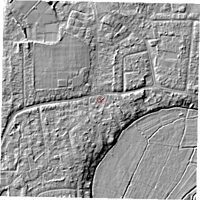 Shaded relief map of the ground around GU229BH, computed from Environment Agency LiDAR. The ground here sits at about 24 m above sea level and falls 8 m across the surrounding 800 m. Surface water reaching this point runs off ground lying to the north-west, 3.2 m higher.