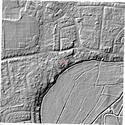 Shaded relief map of the ground around GU229BJ, computed from Environment Agency LiDAR. The ground here sits at about 24 m above sea level and falls 5 m across the surrounding 800 m. Surface water reaching this point runs off ground lying to the north-north-east, 1.2 m higher.