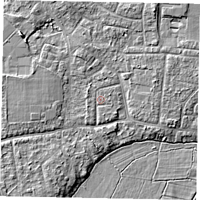 Shaded relief map of the ground around GU229BL, computed from Environment Agency LiDAR. The ground here sits at about 24 m above sea level and falls 8 m across the surrounding 800 m. Surface water reaching this point runs off ground lying to the north-west, 0.9 m higher.
