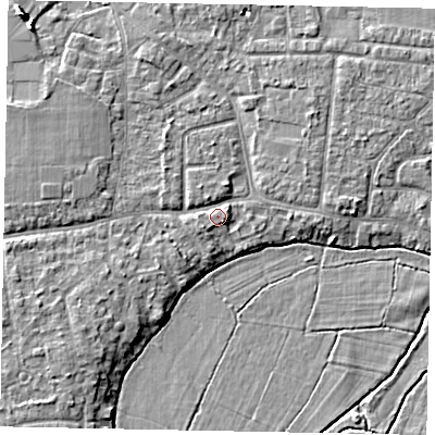 Shaded relief map of the ground around GU229BP, computed from Environment Agency LiDAR. The ground here sits at about 25 m above sea level and falls 8 m across the surrounding 800 m. Surface water reaching this point runs off ground lying to the south-west, 2.6 m higher.
