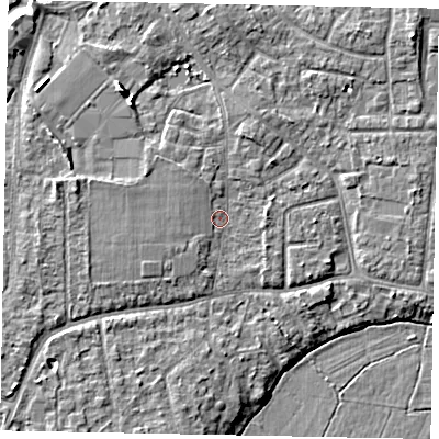 Shaded relief map of the ground around GU229BQ, computed from Environment Agency LiDAR. The ground here sits at about 24 m above sea level and falls 8 m across the surrounding 800 m. Surface water reaching this point runs off ground lying to the west-north-west, 2.5 m higher.