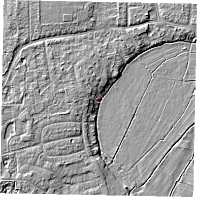 Shaded relief map of the ground around GU229BS, computed from Environment Agency LiDAR. The ground here sits at about 23 m above sea level and falls 6 m across the surrounding 800 m. Surface water reaching this point runs off ground lying to the west-south-west, 4.9 m higher.