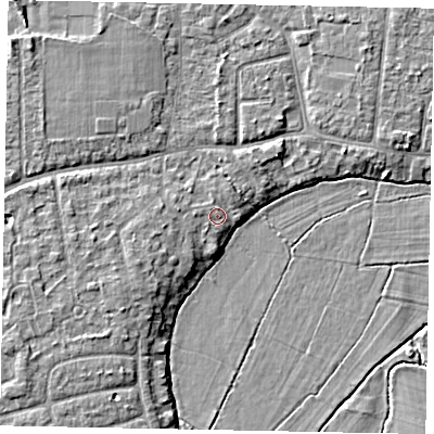 Shaded relief map of the ground around GU229BW, computed from Environment Agency LiDAR. The ground here sits at about 24 m above sea level and falls 6 m across the surrounding 800 m. Surface water reaching this point runs off ground lying to the west, 1.6 m higher.